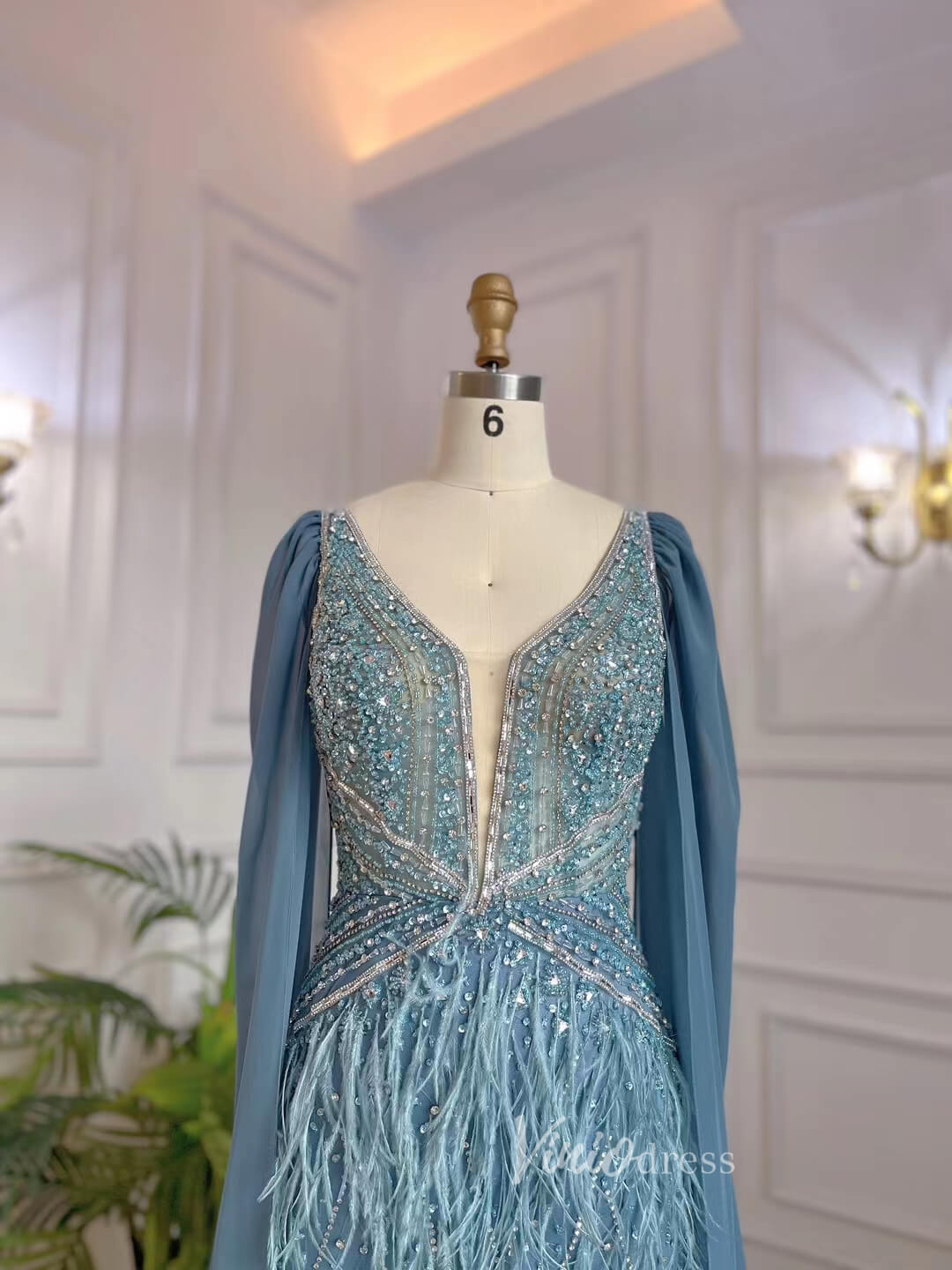 Beaded Feather Evening Dresses with Cape Sleeve Vintage Mermaid 1920s Formal Dresses 20003B-Evening Dresses 2025 -Viniodress-Gold-US 2-