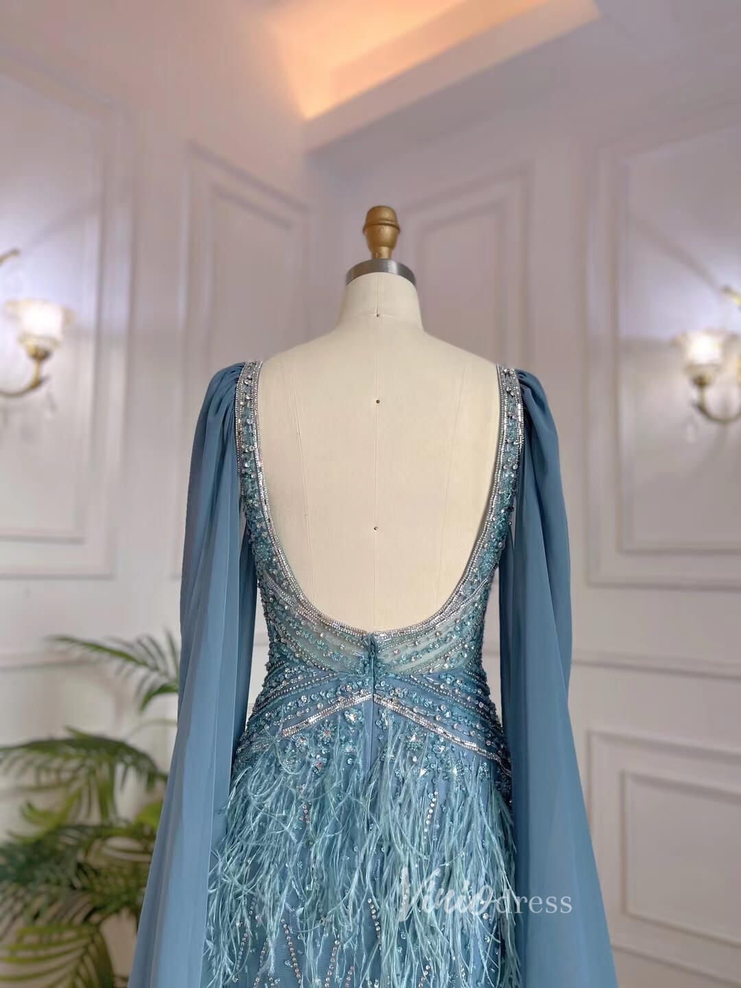 Beaded Feather Evening Dresses with Cape Sleeve Vintage Mermaid 1920s Formal Dresses 20003B-Evening Dresses 2025 -Viniodress-Gold-US 2-
