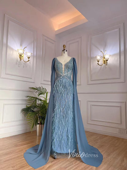 Beaded Feather Evening Dresses with Cape Sleeve Vintage Mermaid 1920s Formal Dresses 20003B-Evening Dresses 2025 -Viniodress-Gold-US 2-