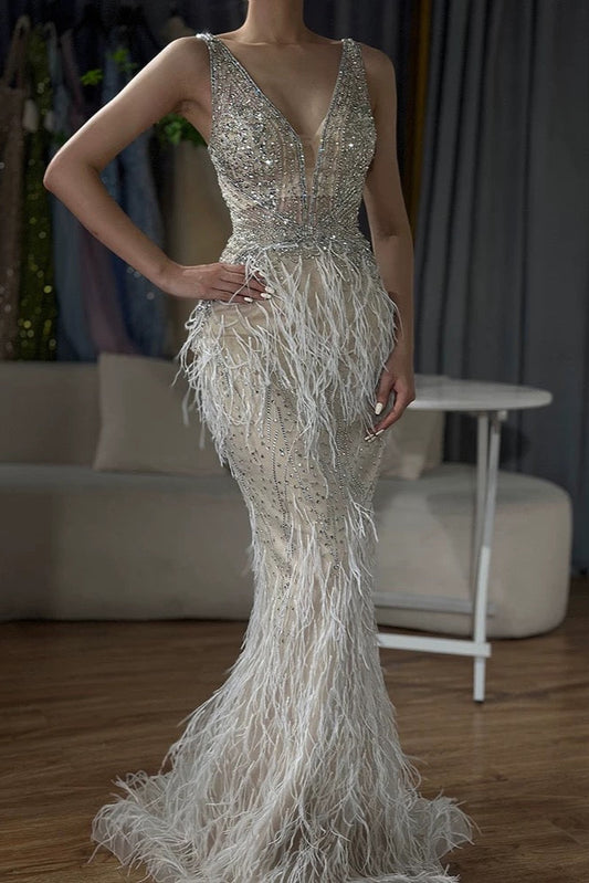 Beaded Feather Evening Dresses with Cape Sleeve Vintage Mermaid 1920s Formal Dresses 20003B-Evening Dresses 2025 -Viniodress-Nude-US 2-