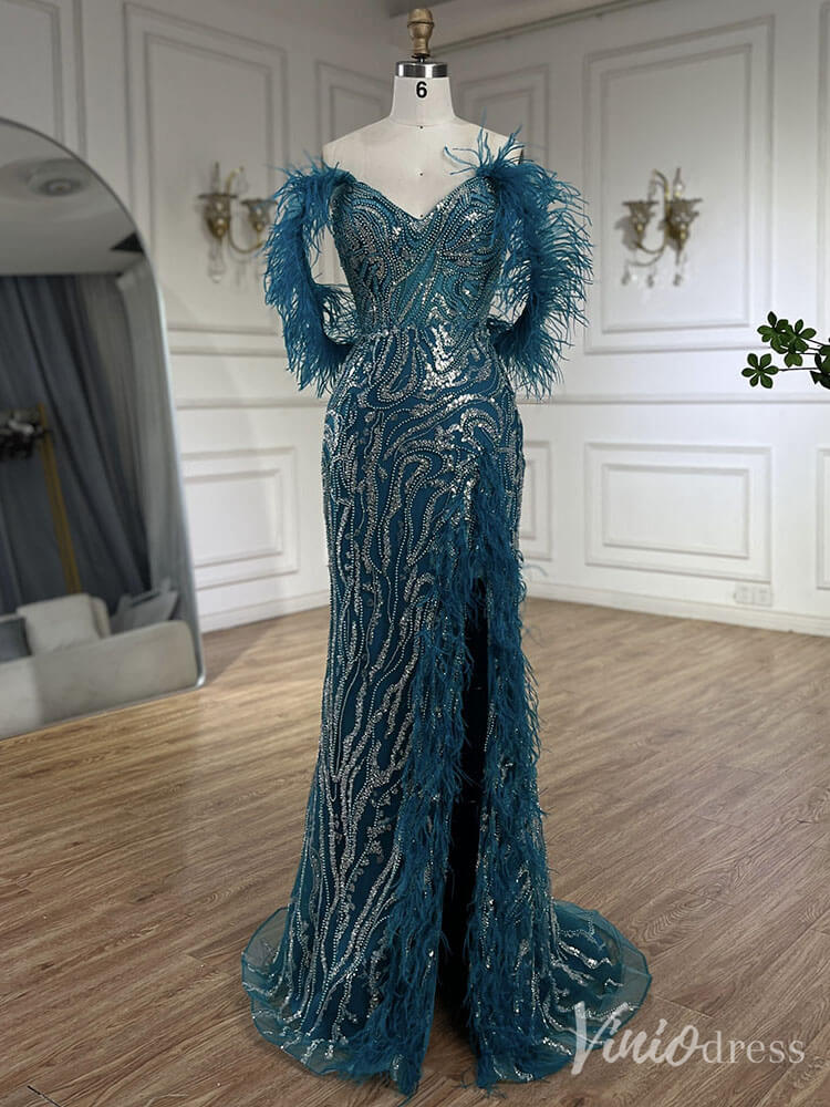 Beaded Feather Mermaid Prom Dresses with Slit Off the Shoulder Pageant Dress 20222-Evening Dresses 2025 -Viniodress-Fuchsia-US 2-