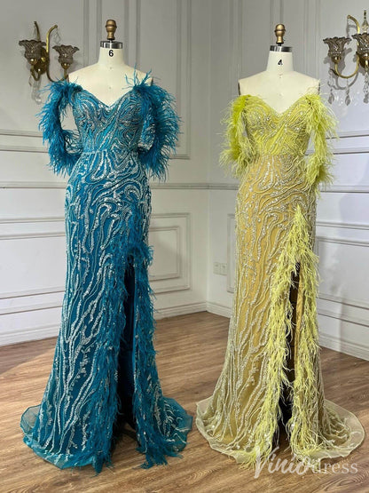 Beaded Feather Mermaid Prom Dresses with Slit Off the Shoulder Pageant Dress 20222-Evening Dresses 2025 -Viniodress-Fuchsia-US 2-