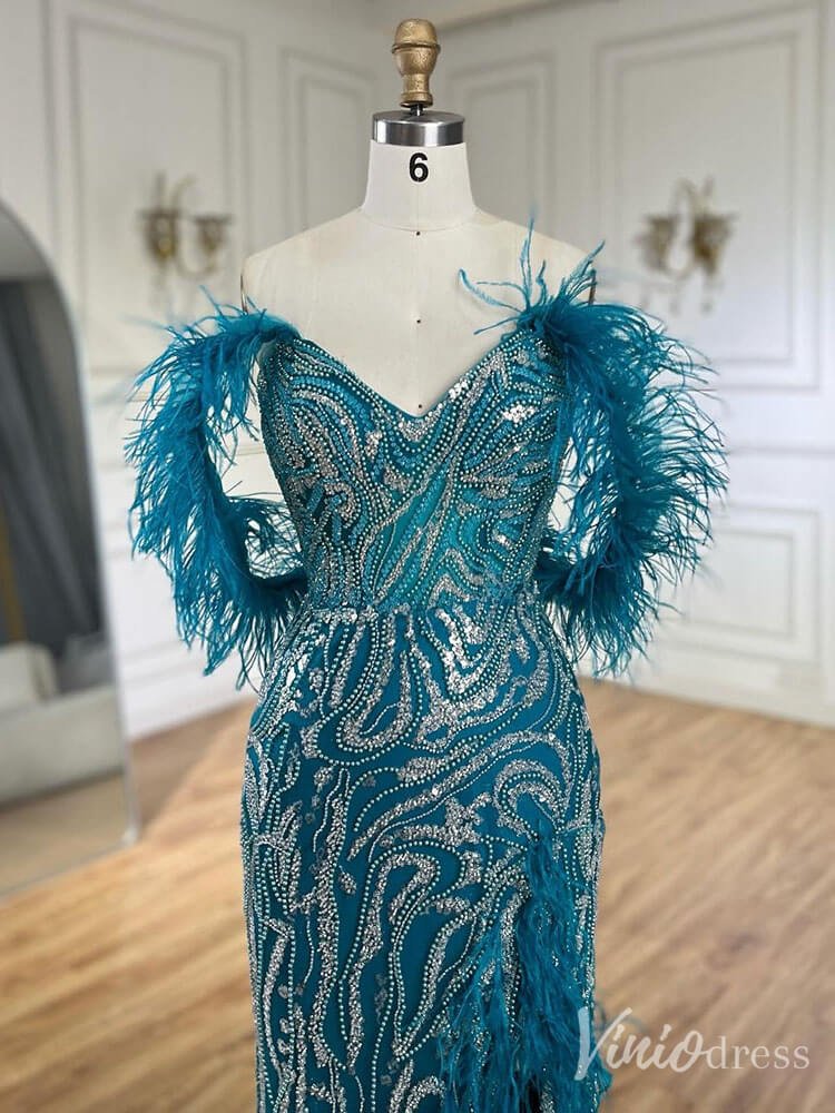 Beaded Feather Mermaid Prom Dresses with Slit Off the Shoulder Pageant Dress 20222-Evening Dresses 2025 -Viniodress-Fuchsia-US 2-