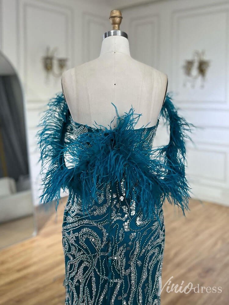 Beaded Feather Mermaid Prom Dresses with Slit Off the Shoulder Pageant Dress 20222-Evening Dresses 2025 -Viniodress-Fuchsia-US 2-