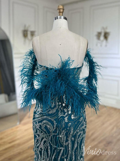 Beaded Feather Mermaid Prom Dresses with Slit Off the Shoulder Pageant Dress 20222-Evening Dresses 2025 -Viniodress-Fuchsia-US 2-