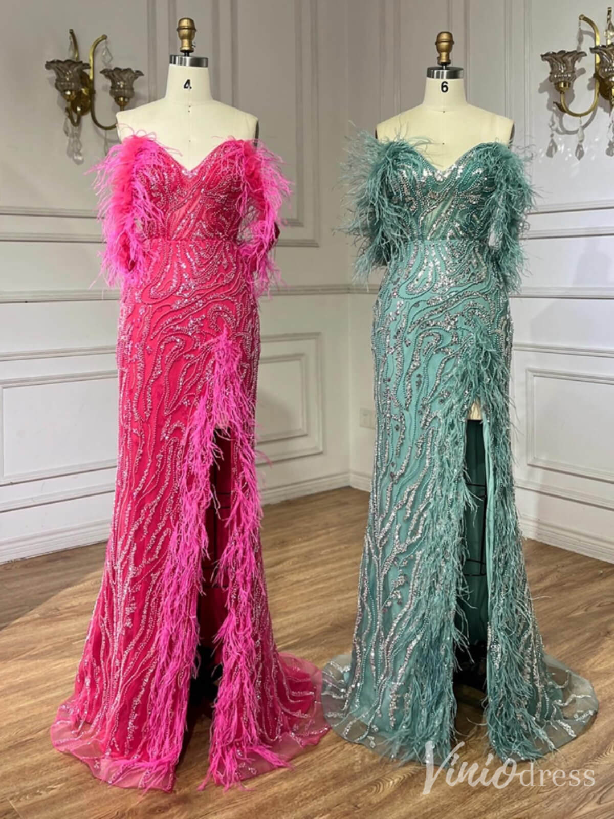 Beaded Feather Mermaid Prom Dresses with Slit Off the Shoulder Pageant Dress 20222-Evening Dresses 2025 -Viniodress-Fuchsia-US 2-