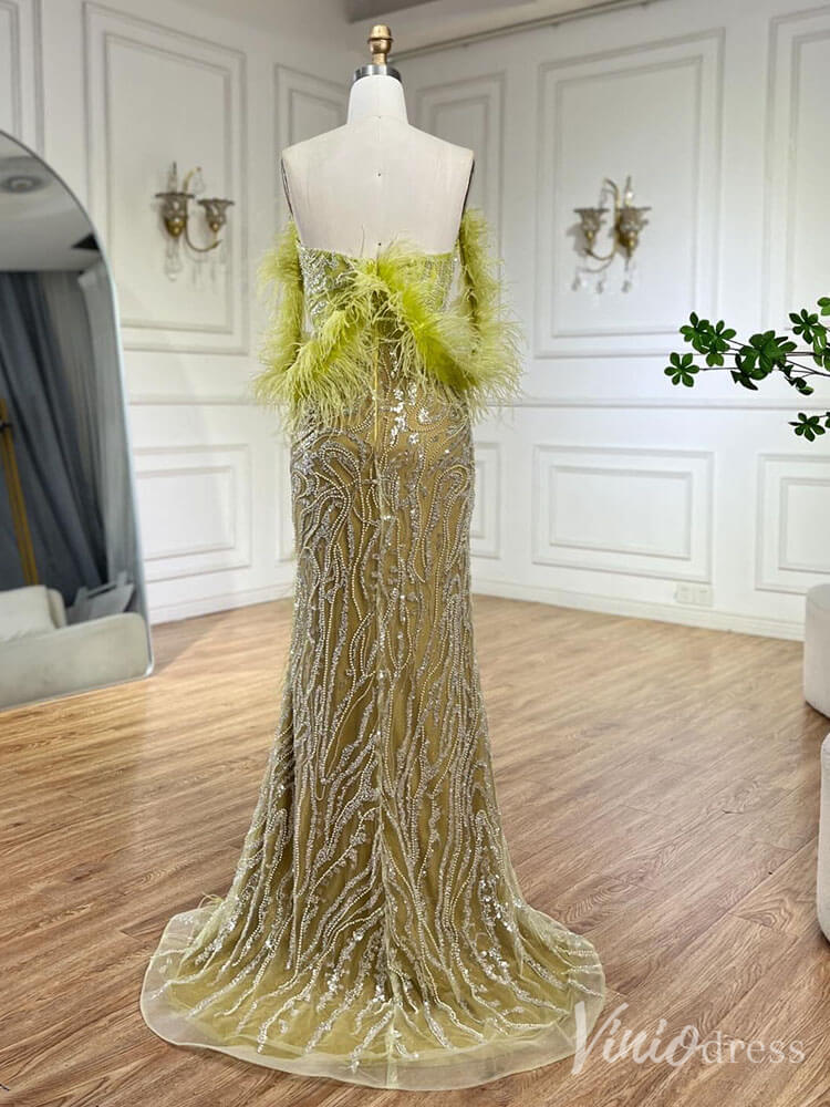 Beaded Feather Mermaid Prom Dresses with Slit Off the Shoulder Pageant Dress 20222-Evening Dresses 2025 -Viniodress-Fuchsia-US 2-