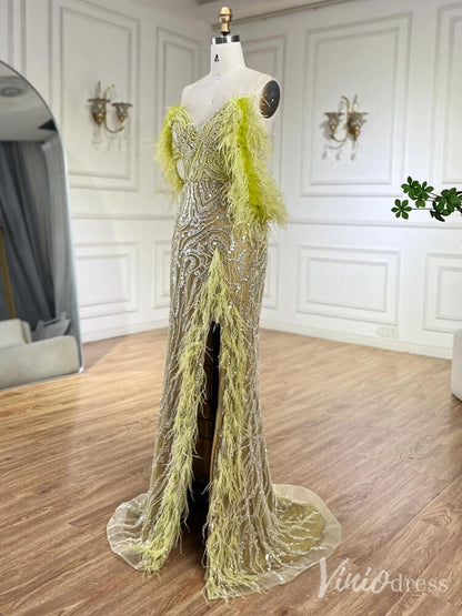 Beaded Feather Mermaid Prom Dresses with Slit Off the Shoulder Pageant Dress 20222-Evening Dresses 2025 -Viniodress-Fuchsia-US 2-