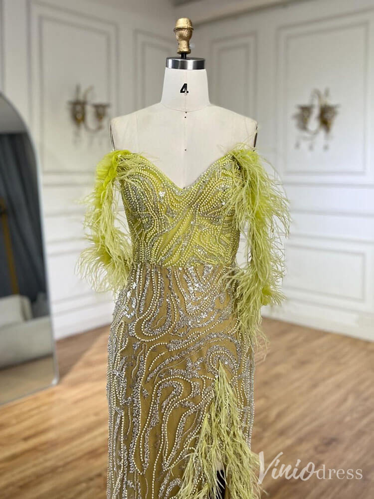 Beaded Feather Mermaid Prom Dresses with Slit Off the Shoulder Pageant Dress 20222-Evening Dresses 2025 -Viniodress-Fuchsia-US 2-