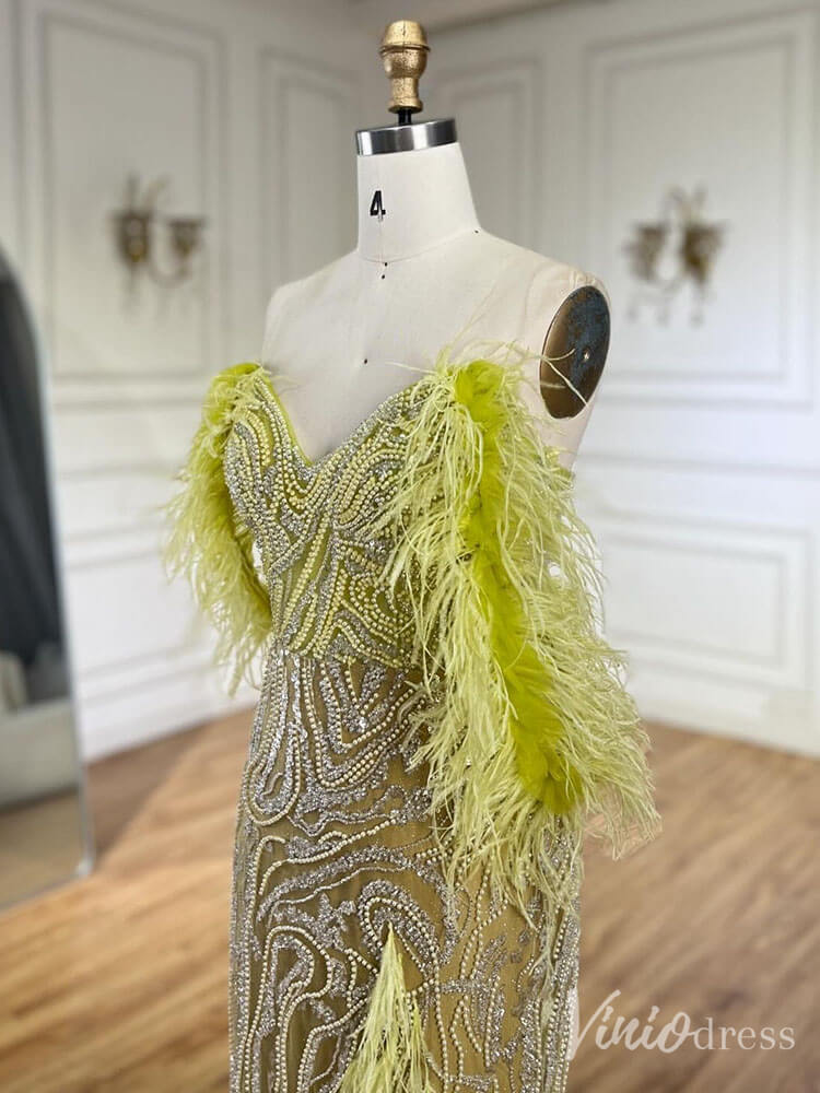 Beaded Feather Mermaid Prom Dresses with Slit Off the Shoulder Pageant Dress 20222-Evening Dresses 2025 -Viniodress-Fuchsia-US 2-