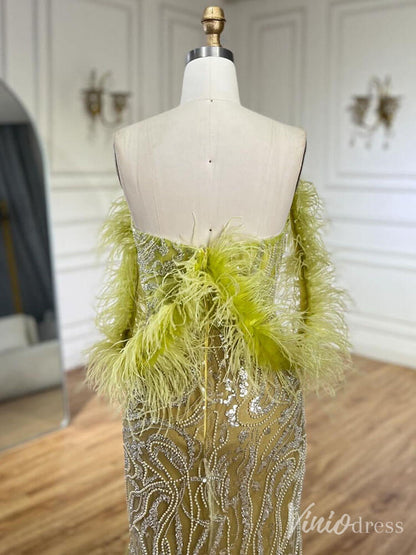 Beaded Feather Mermaid Prom Dresses with Slit Off the Shoulder Pageant Dress 20222-Evening Dresses 2025 -Viniodress-Fuchsia-US 2-