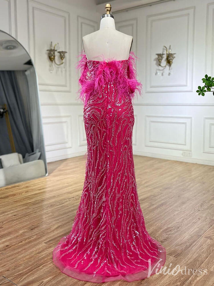Beaded Feather Mermaid Prom Dresses with Slit Off the Shoulder Pageant Dress 20222-Evening Dresses 2025 -Viniodress-Fuchsia-US 2-