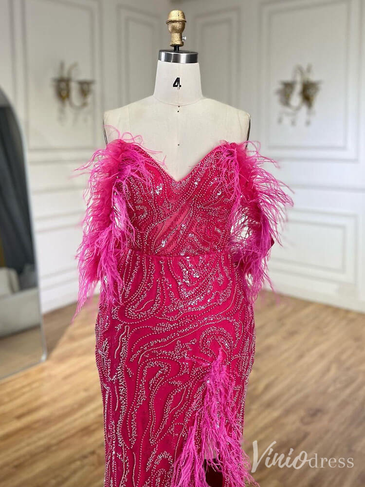 Beaded Feather Mermaid Prom Dresses with Slit Off the Shoulder Pageant Dress 20222-Evening Dresses 2025 -Viniodress-Fuchsia-US 2-