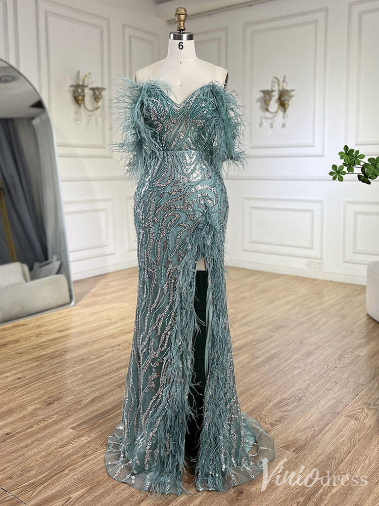 Beaded Feather Mermaid Prom Dresses with Slit Off the Shoulder Pageant Dress 20222-Evening Dresses 2025 -Viniodress-Green-US 2-