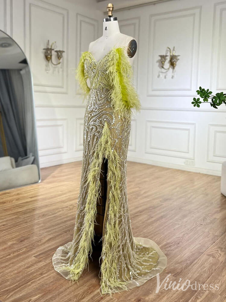 Beaded Feather Mermaid Prom Dresses with Slit Off the Shoulder Pageant Dress 20222-Evening Dresses 2025 -Viniodress-Fuchsia-US 2-