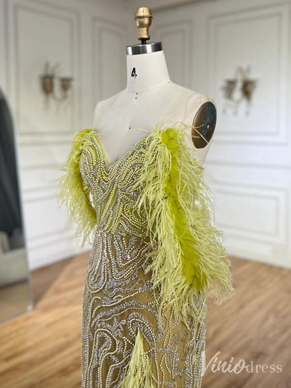 Beaded Feather Mermaid Prom Dresses with Slit Off the Shoulder Pageant Dress 20222-Evening Dresses 2025 -Viniodress-Fuchsia-US 2-