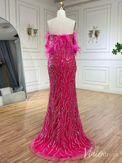 Beaded Feather Mermaid Prom Dresses with Slit Off the Shoulder Pageant Dress 20222-Evening Dresses 2025 -Viniodress-Fuchsia-US 2-