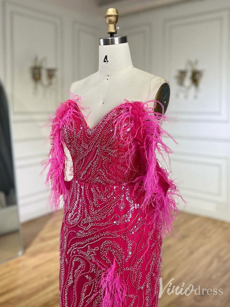 Beaded Feather Mermaid Prom Dresses with Slit Off the Shoulder Pageant Dress 20222-Evening Dresses 2025 -Viniodress-Fuchsia-US 2-