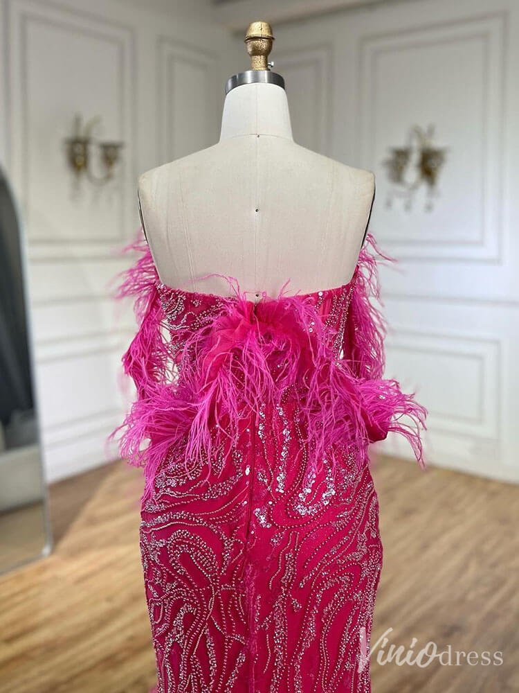 Beaded Feather Mermaid Prom Dresses with Slit Off the Shoulder Pageant Dress 20222-Evening Dresses 2025 -Viniodress-Fuchsia-US 2-