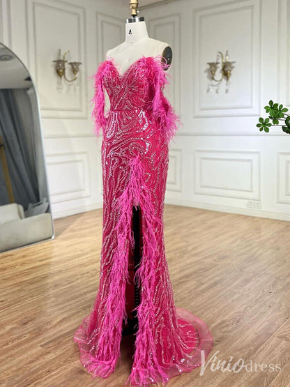 Beaded Feather Mermaid Prom Dresses with Slit Off the Shoulder Pageant Dress 20222-Evening Dresses 2025 -Viniodress-Fuchsia-US 2-