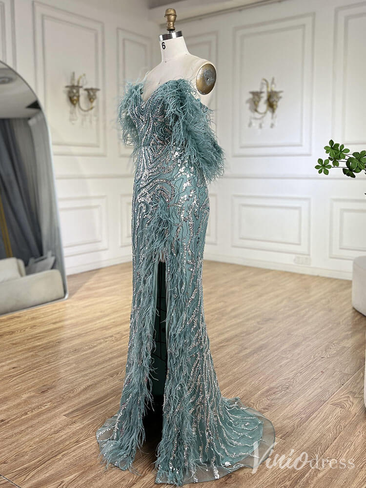 Beaded Feather Mermaid Prom Dresses with Slit Off the Shoulder Pageant Dress 20222 - ViniodressEvening DressesGreenUS 2 - Formal Dresses - Ball Gowns