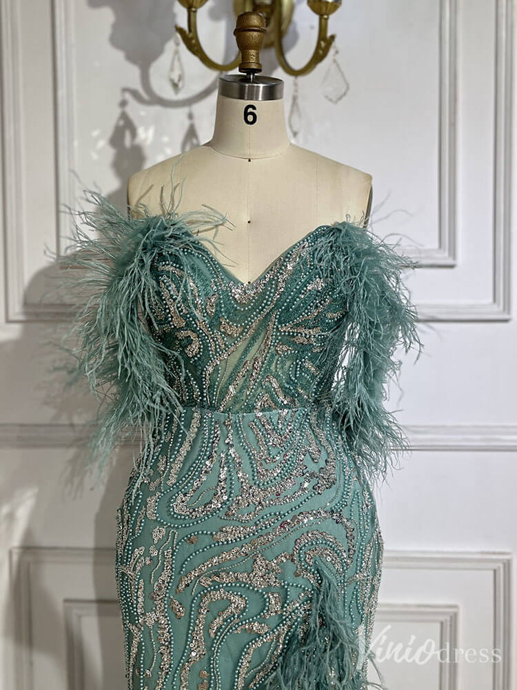 Beaded Feather Mermaid Prom Dresses with Slit Off the Shoulder Pageant Dress 20222 - ViniodressEvening DressesGreenUS 2 - Formal Dresses - Ball Gowns