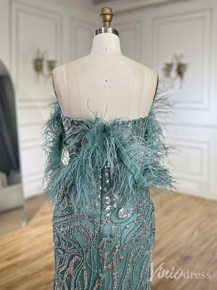 Beaded Feather Mermaid Prom Dresses with Slit Off the Shoulder Pageant Dress 20222 - ViniodressEvening DressesGreenUS 2 - Formal Dresses - Ball Gowns