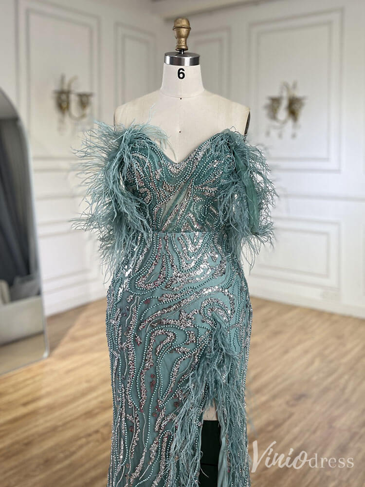 Beaded Feather Mermaid Prom Dresses with Slit Off the Shoulder Pageant Dress 20222 - ViniodressEvening DressesGreenUS 2 - Formal Dresses - Ball Gowns