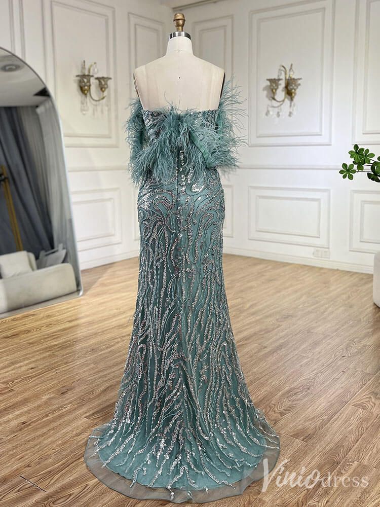 Beaded Feather Mermaid Prom Dresses with Slit Off the Shoulder Pageant Dress 20222 - ViniodressEvening DressesGreenUS 2 - Formal Dresses - Ball Gowns