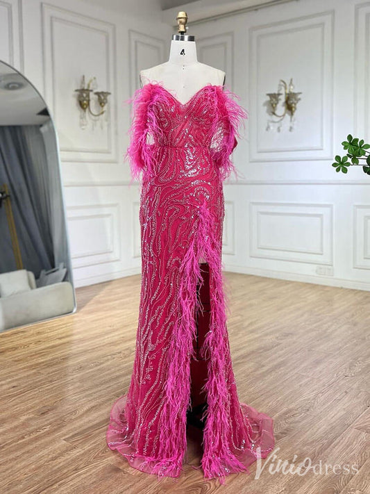 Beaded Feather Mermaid Prom Dresses with Slit Off the Shoulder Pageant Dress 20222 - ViniodressEvening DressesFuchsiaUS 2 - Formal Dresses - Ball Gowns