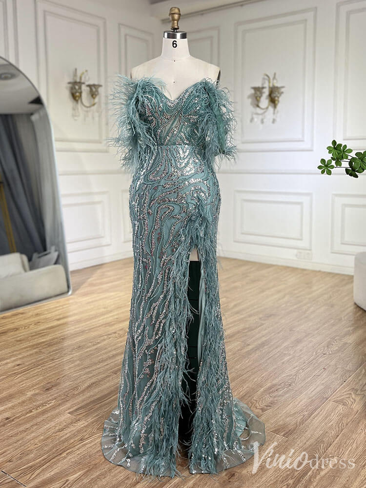 Beaded Feather Mermaid Prom Dresses with Slit Off the Shoulder Pageant Dress 20222 - ViniodressEvening DressesGreenUS 2 - Formal Dresses - Ball Gowns