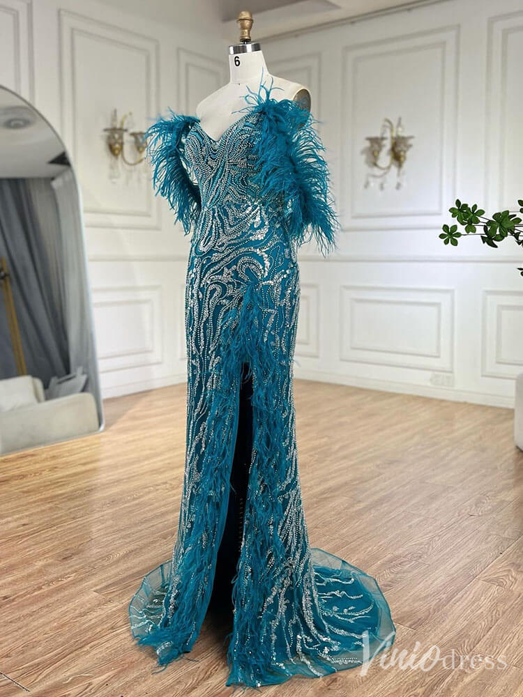 Beaded Feather Mermaid Prom Dresses with Slit Off the Shoulder Pageant Dress 20222 - ViniodressEvening DressesTealUS 2 - Formal Dresses - Ball Gowns