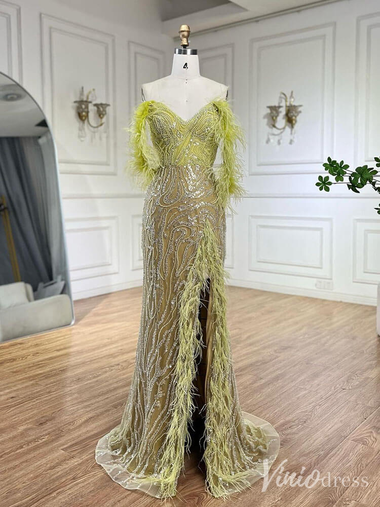 Beaded Feather Mermaid Prom Dresses with Slit Off the Shoulder Pageant Dress 20222 - ViniodressEvening DressesYellowUS 2 - Formal Dresses - Ball Gowns