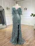 Beaded Feather Mermaid Prom Dresses with Slit Off the Shoulder Pageant Dress 20222-prom dresses-Viniodress-Viniodress