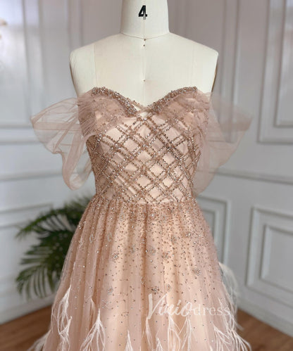 Beaded Feather Prom Dresses A-line Tulle Evening Gowns 20036-Evening Dresses 2025 -Viniodress-As Picture-US 2-