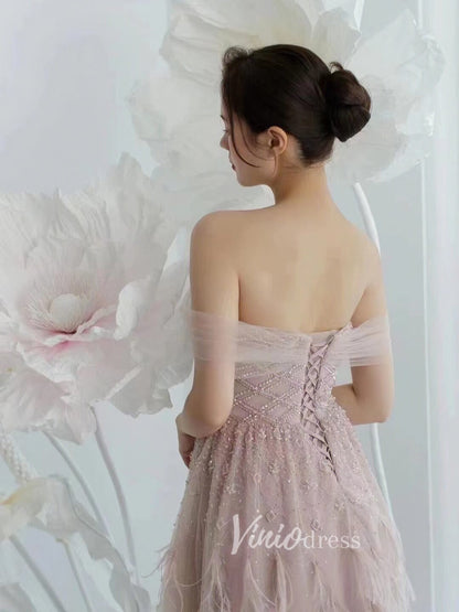 Beaded Feather Prom Dresses A-line Tulle Evening Gowns 20036-Evening Dresses 2025 -Viniodress-As Picture-US 2-