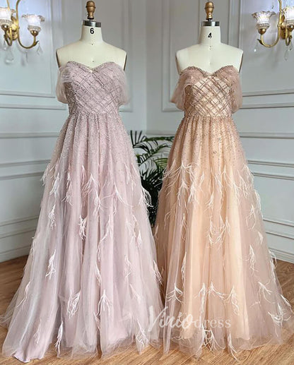 Beaded Feather Prom Dresses A-line Tulle Evening Gowns 20036-Evening Dresses 2025 -Viniodress-As Picture-US 2-