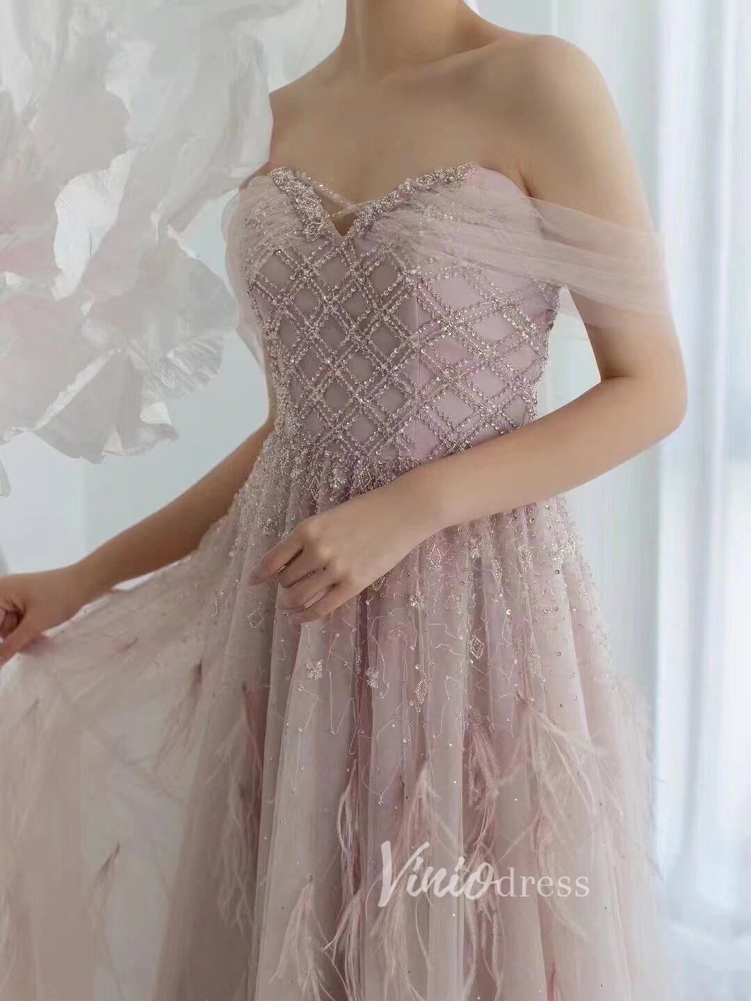 Beaded Feather Prom Dresses A-line Tulle Evening Gowns 20036-Evening Dresses 2025 -Viniodress-As Picture-US 2-