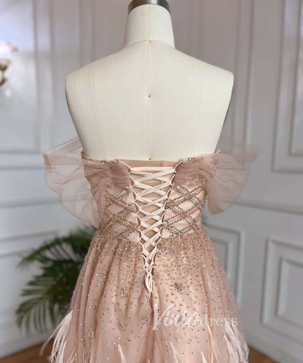 Beaded Feather Prom Dresses A-line Tulle Evening Gowns 20036-Evening Dresses 2025 -Viniodress-As Picture-US 2-