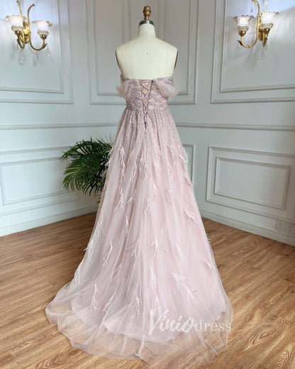 Beaded Feather Prom Dresses A-line Tulle Evening Gowns 20036-Evening Dresses 2025 -Viniodress-As Picture-US 2-
