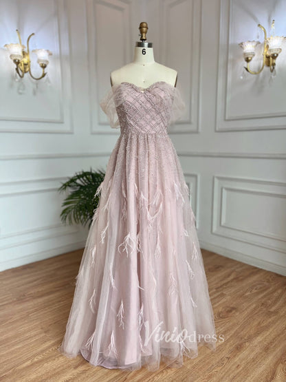 Beaded Feather Prom Dresses A-line Tulle Evening Gowns 20036-Evening Dresses 2025 -Viniodress-Pink-US 2-