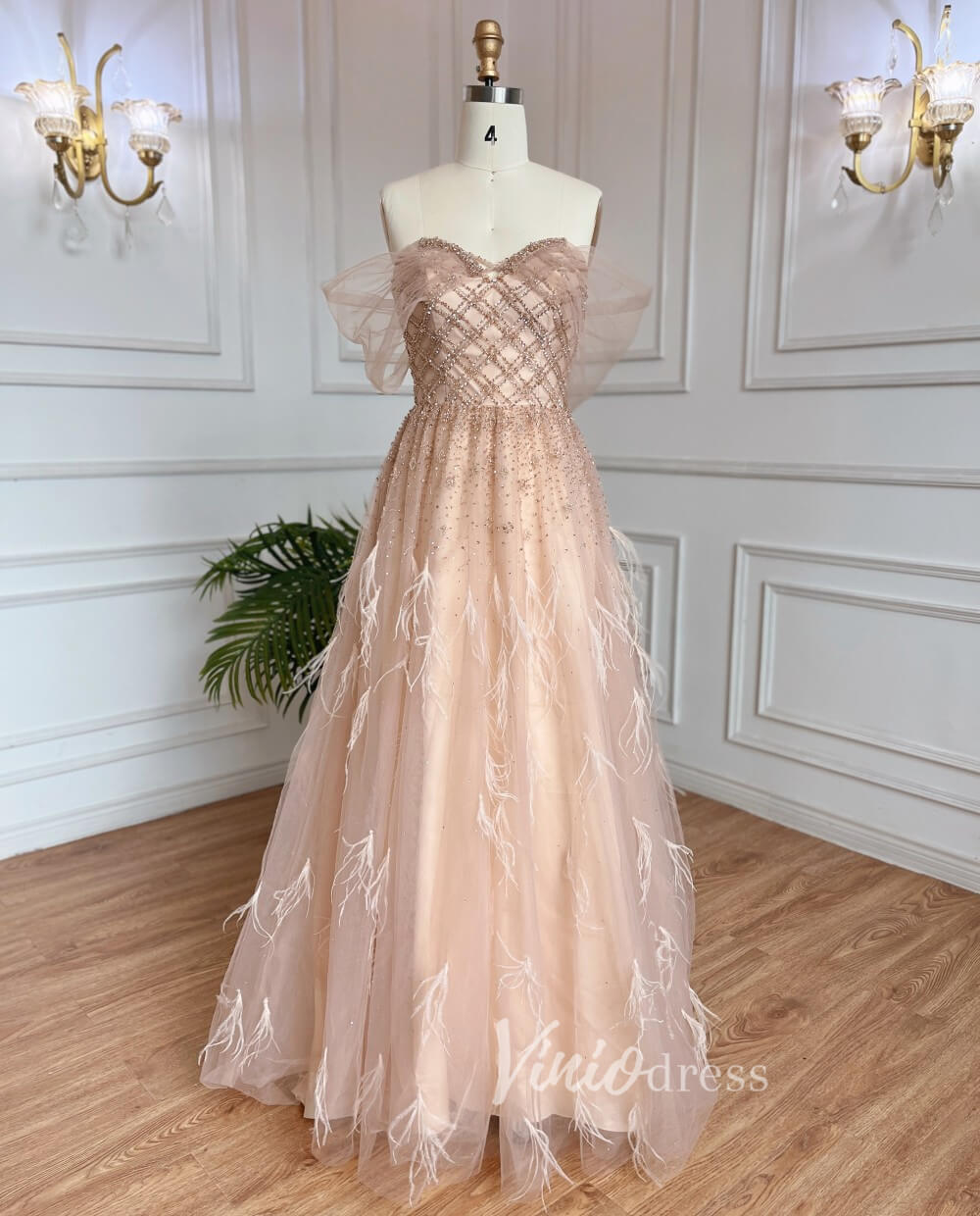 Prom Dress 2025 Beaded Feather Prom Dresses A-line Tulle Evening Gowns 20036-unique prom dresses-Champagne-US 2-Viniodress