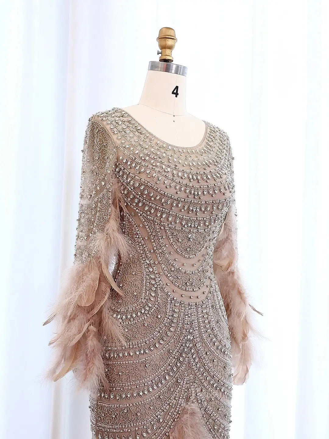 Beaded Feather Prom Dresses Long Sleeve Mermaid 20s Formal Dresses BD001-Evening Dresses 2025 -Viniodress-Nude-US 2-