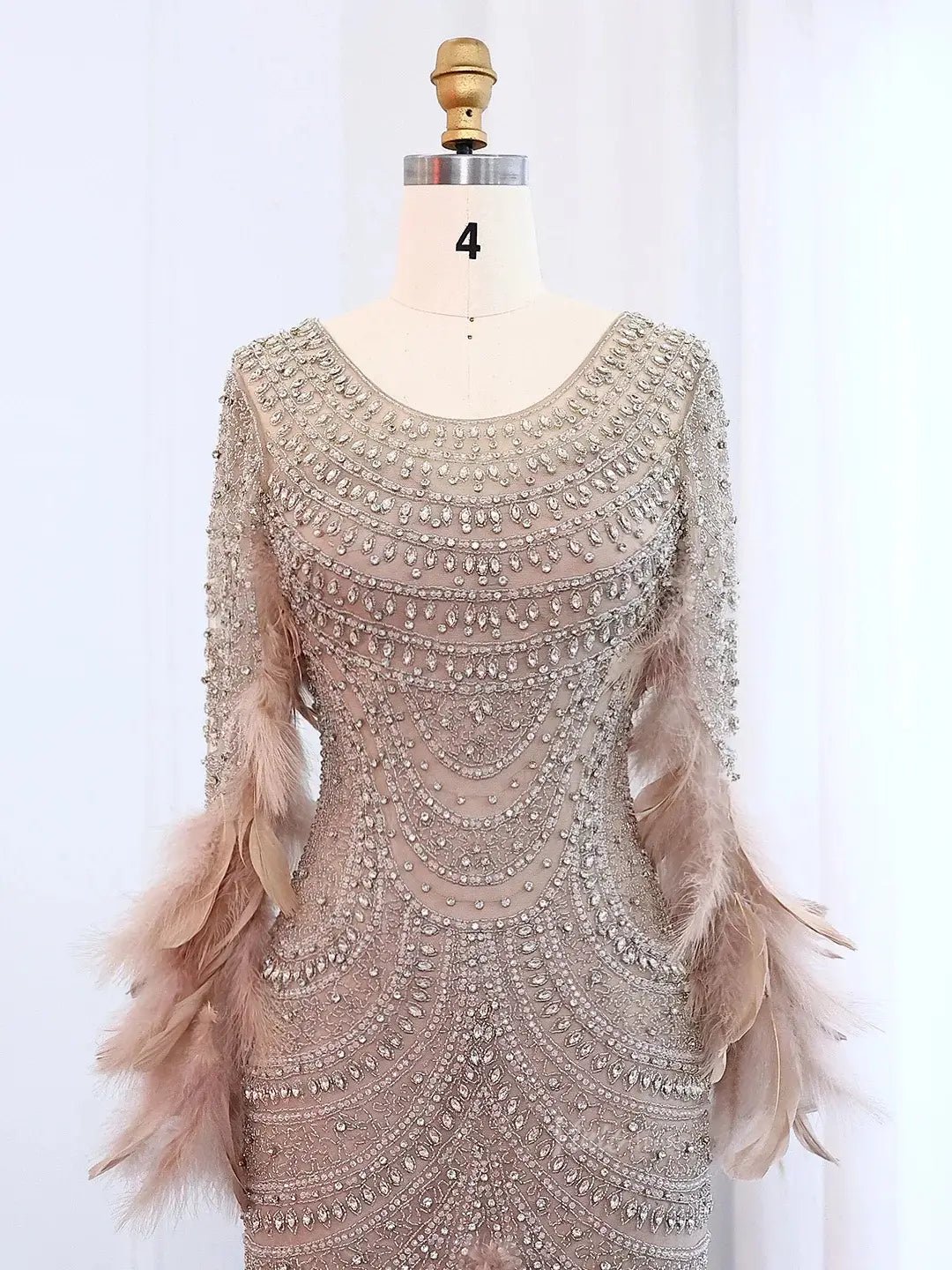 Beaded Feather Prom Dresses Long Sleeve Mermaid 20s Formal Dresses BD001-Evening Dresses 2025 -Viniodress-Nude-US 2-