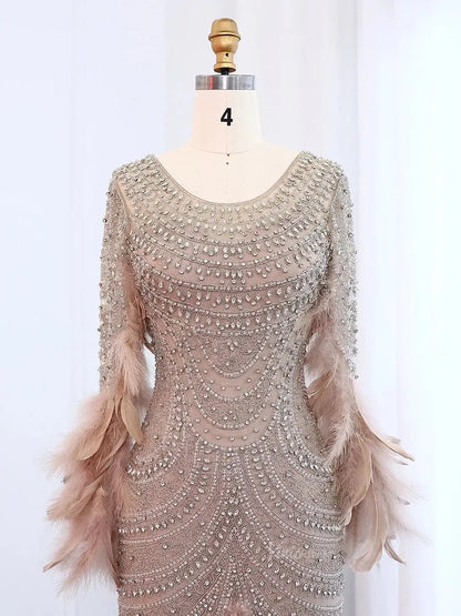 Beaded Feather Prom Dresses Long Sleeve Mermaid 20s Formal Dresses BD001-Evening Dresses 2025 -Viniodress-Nude-US 2-