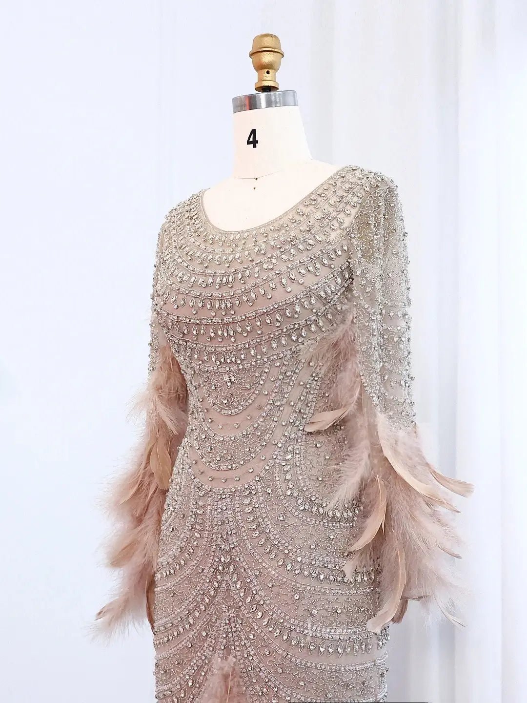 Beaded Feather Prom Dresses Long Sleeve Mermaid 20s Formal Dresses BD001-Evening Dresses 2025 -Viniodress-Nude-US 2-