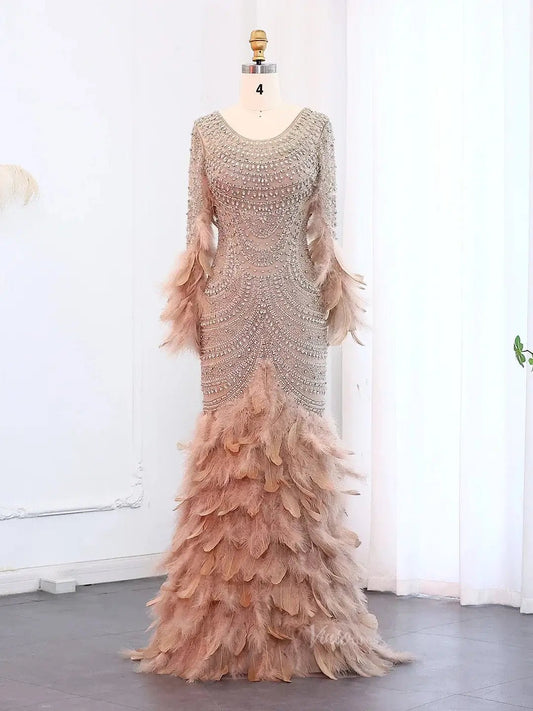 Beaded Feather Prom Dresses Long Sleeve Mermaid 20s Formal Dresses BD001-Evening Dresses 2025 -Viniodress-Nude-US 2-