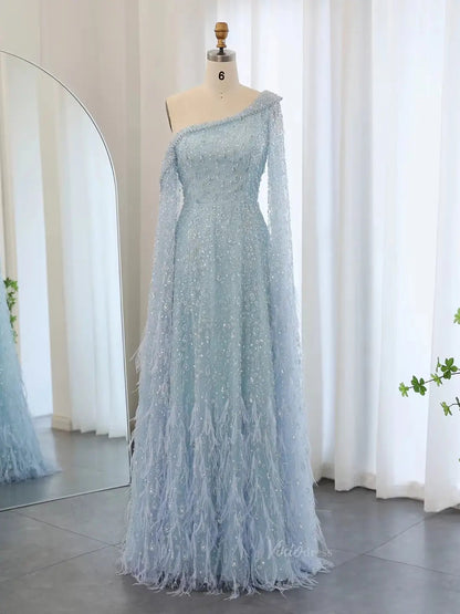 Beaded Feather Prom Dresses Vintage Formal Dresses Extra Long Sleeve BD043-Evening Dresses 2025 -Viniodress-Light Blue-US 2-