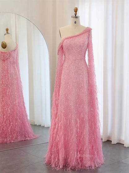 Beaded Feather Prom Dresses Vintage Formal Dresses Extra Long Sleeve BD043-Evening Dresses 2025 -Viniodress-Pink-US 2-