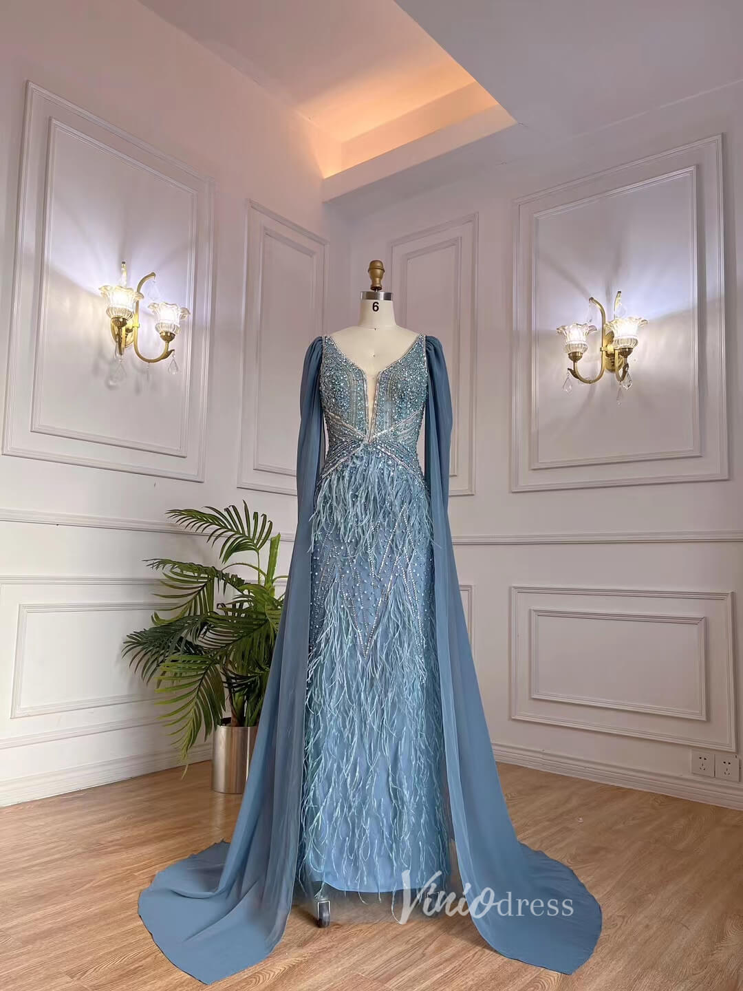 Prom Dress 2025 Dusty Blue Beaded Feather Evening Dressses Chiffon Cape Prom Dress 20003B-unique prom dresses-Dusty Blue-US 2-Viniodress